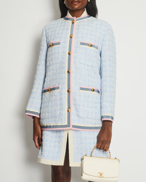 Gucci Sky Blue Tweed Long Jacket with Pink, Blue & Cream Lapels and Gold Buttons Details Size IT 38 (UK 6)