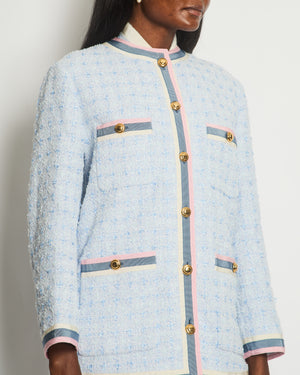 Gucci Sky Blue Tweed Long Jacket with Pink, Blue & Cream Lapels and Gold Buttons Details Size IT 38 (UK 6)