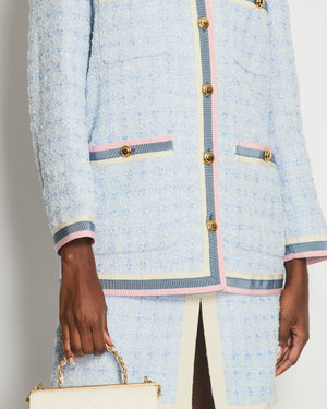 Gucci Sky Blue Tweed Long Jacket with Pink, Blue & Cream Lapels and Gold Buttons Details Size IT 38 (UK 6)