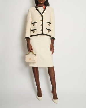 Gucci Cream Tweed Jacket with Black Lapels and GG Black & Gold Buttons Details Size IT 42 (UK 10)