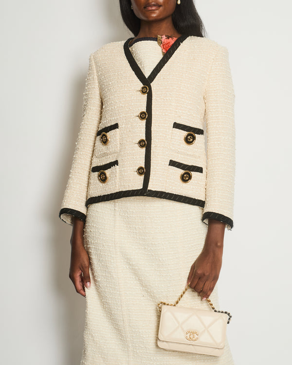 Gucci Cream Tweed Jacket with Black Lapels and GG Black & Gold Buttons Details Size IT 42 (UK 10)