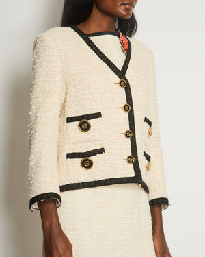 Gucci Cream Tweed Jacket with Black Lapels and GG Black & Gold Buttons Details Size IT 42 (UK 10)