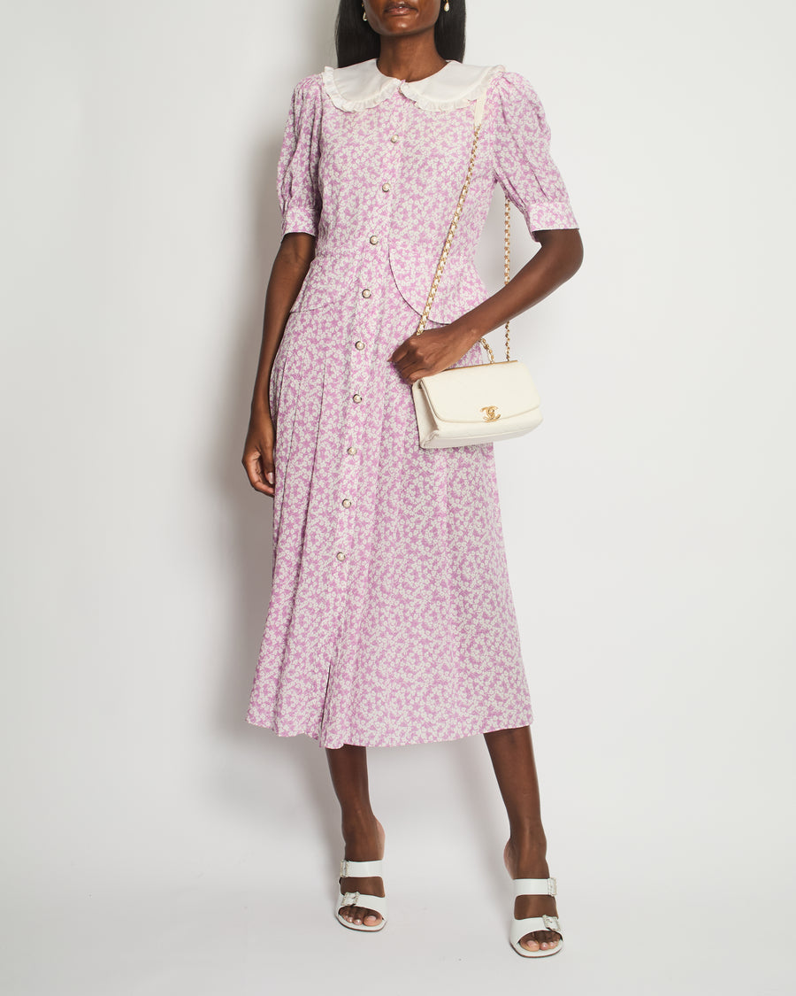 Alessandra Rich Pink, White Floral Midi Dress with White Silk Ruffled Collar and Pearl Button Detail Size IT 44 (UK 12)