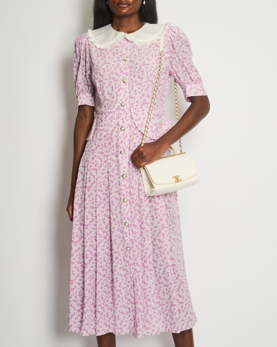 Alessandra Rich Pink, White Floral Midi Dress with White Silk Ruffled Collar and Pearl Button Detail Size IT 44 (UK 12)