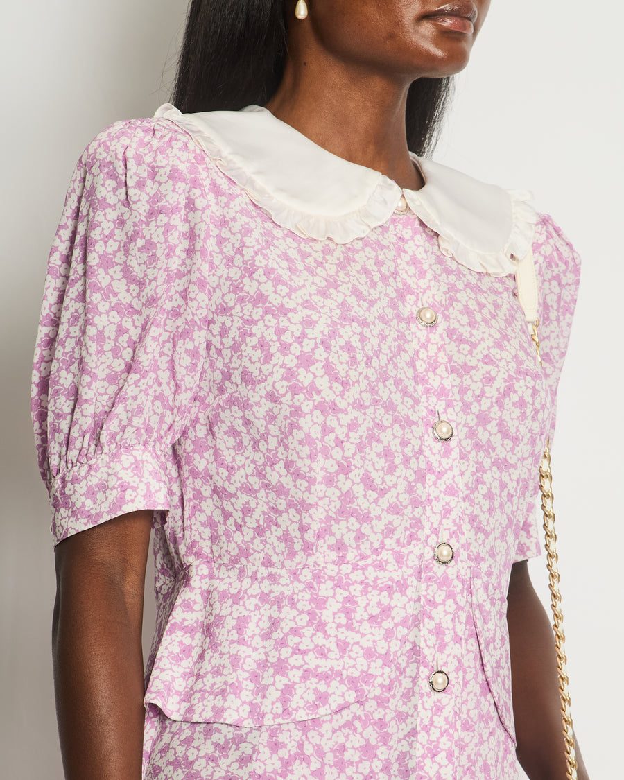 Alessandra Rich Pink, White Floral Midi Dress with White Silk Ruffled Collar and Pearl Button Detail Size IT 44 (UK 12)