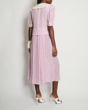 Alessandra Rich Pink, White Floral Midi Dress with White Silk Ruffled Collar and Pearl Button Detail Size IT 44 (UK 12)