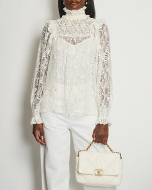 Saint Laurent Cream Sheer Long-Sleeve Lace Ruffled High-Neck Blouse Size UK 8-10