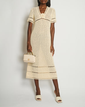 Chanel Cream Crochet Short-Sleeve Midi Dress with Camèlia Flower Size FR 40 (UK 12)