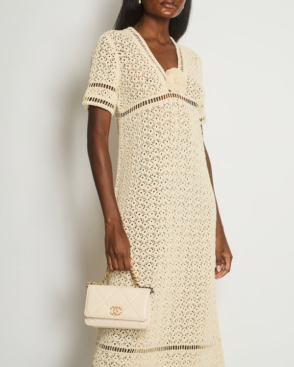 Chanel Cream Crochet Short-Sleeve Midi Dress with Camèlia Flower Size FR 40 (UK 12)