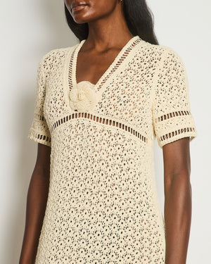 Chanel Cream Crochet Short-Sleeve Midi Dress with Camèlia Flower Size FR 40 (UK 12)