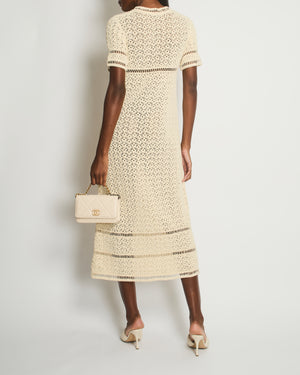 Chanel Cream Crochet Short-Sleeve Midi Dress with Camèlia Flower Size FR 40 (UK 12)