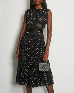 Prada Black, White Polka Dot Pleated Midi Dress with Belt Size IT 42 (UK 10)