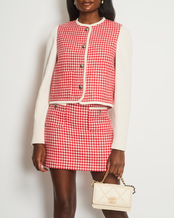 *HOT* Miu Miu Red & Cream Houndstooth Wool Cardigan and Mini Skirt Set with Antique Silver Buttons Detail Size IT 38 (UK 6)