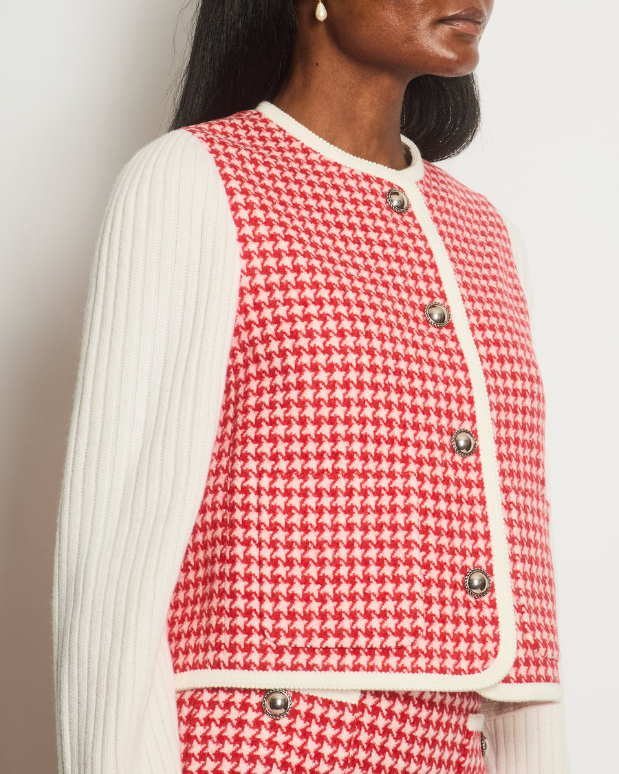 *HOT* Miu Miu Red & Cream Houndstooth Wool Cardigan and Mini Skirt Set with Antique Silver Buttons Detail Size IT 38 (UK 6)