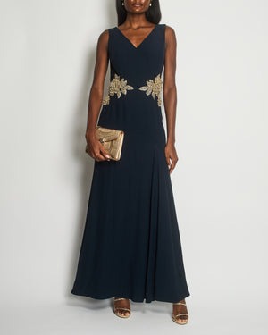 Alexander McQueen Navy Crepe Maxi Dress with Stone Applique Roses and Bias Skirt Size UK 12-14