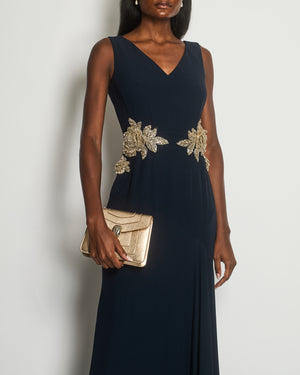 Alexander McQueen Navy Crepe Maxi Dress with Stone Applique Roses and Bias Skirt Size UK 12-14