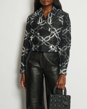 Chanel Black & Metallic Silver Thread Camelia Print Cropped Jacket with CC Button and Leather Shoulder Detail Size FR 36 (UK 8)