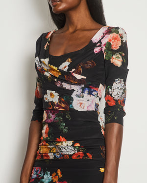 Dolce & Gabbana Black Floral Ruched Mid Sleeve Midi Dress Size IT 40 (UK 8)