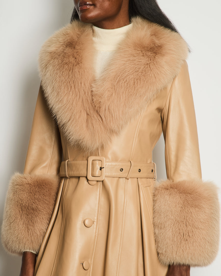 Saks Potts Beige Leather Trench Coat with Fox Fur Trim Detail Size 1 (UK 8)