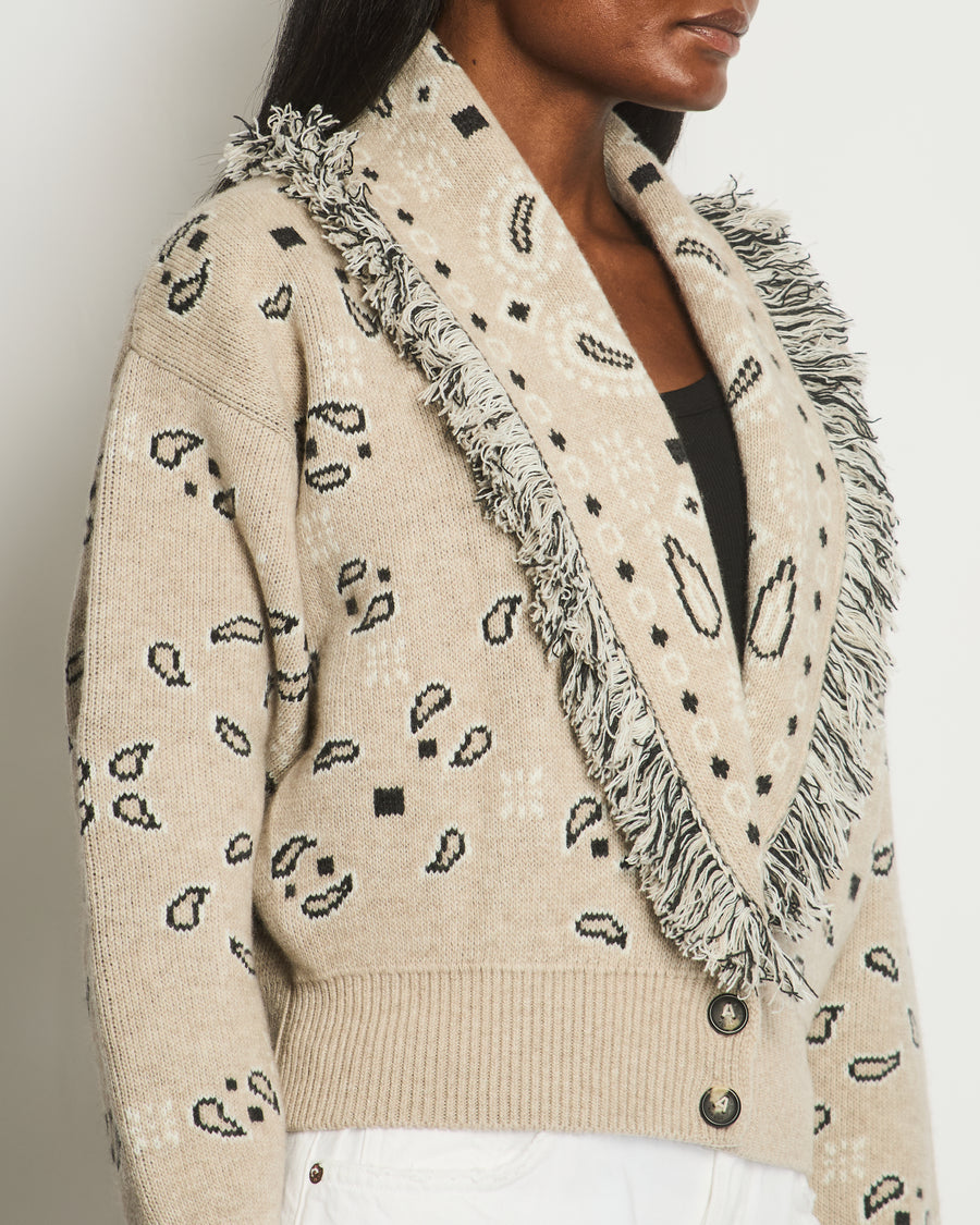 Alanui Beige Oversized Paisley Print Cropped Cardigan with Frayed Detail Size XS (UK 8)