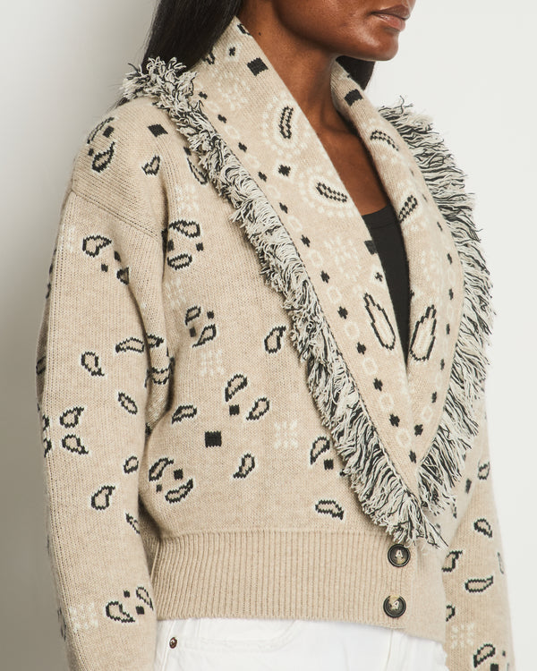 Alanui Beige Oversized Paisley Print Cropped Cardigan with Frayed Detail Size XS (UK 8)