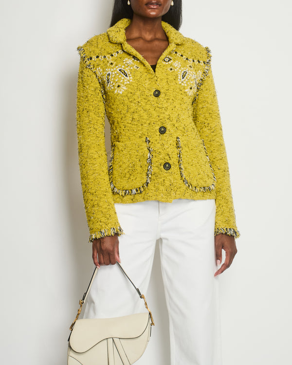 Alanui Yellow Long Sleeve Paisley Print Jacket with Frayed Edges and Pocket Detail Size S (UK 8)