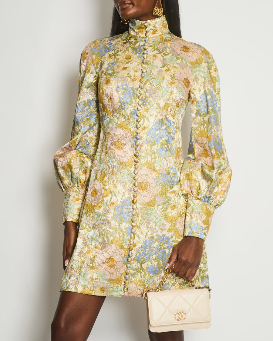 Zimmermann Gold Floral Metallic Long Sleeve Mid Neck Dress Size 2 (UK 12)