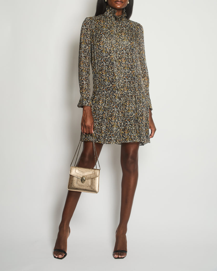 Celine Brown Floral Long Sleeve Midi Dress with Gold Weaved Detail Size FR 36 (UK 8)