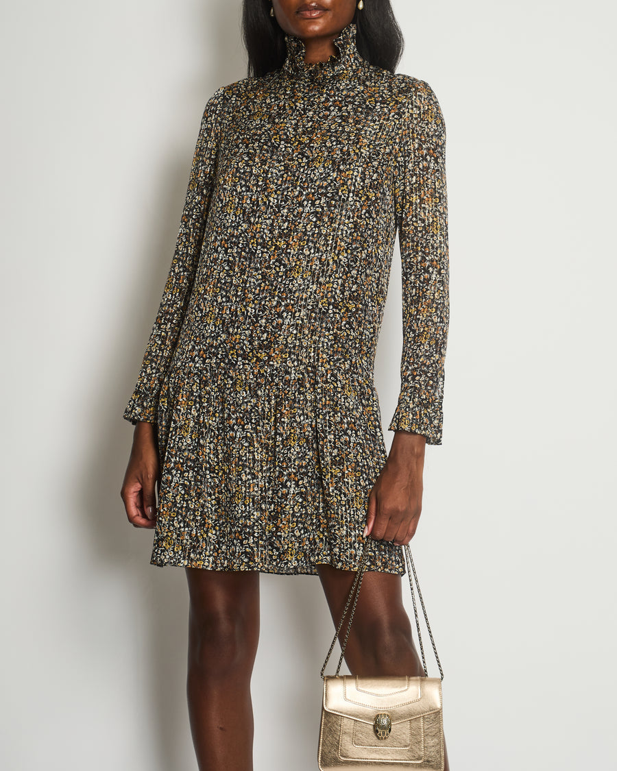 Celine Brown Floral Long Sleeve Midi Dress with Gold Weaved Detail Size FR 36 (UK 8)