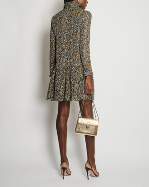 Celine Brown Floral Long Sleeve Midi Dress with Gold Weaved Detail Size FR 36 (UK 8)