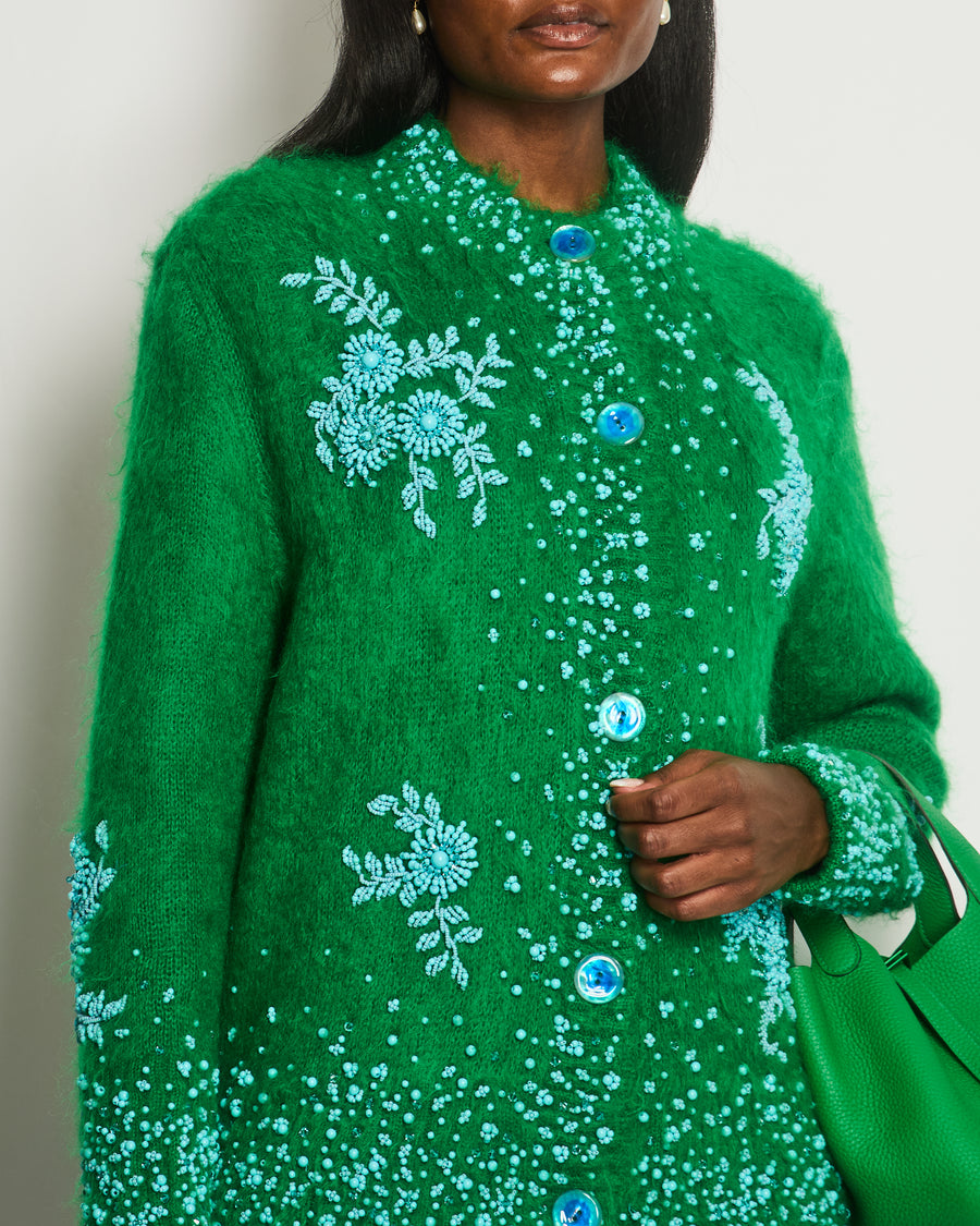 Prada Green Round Neck Long Sleeve Embellished Cardigan Size IT 38 (UK 6)