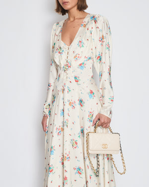 Paco Rabanne Cream Floral Long-Sleeve V-Neck Midi Dress with Button Detail Size FR 40 (UK 12)