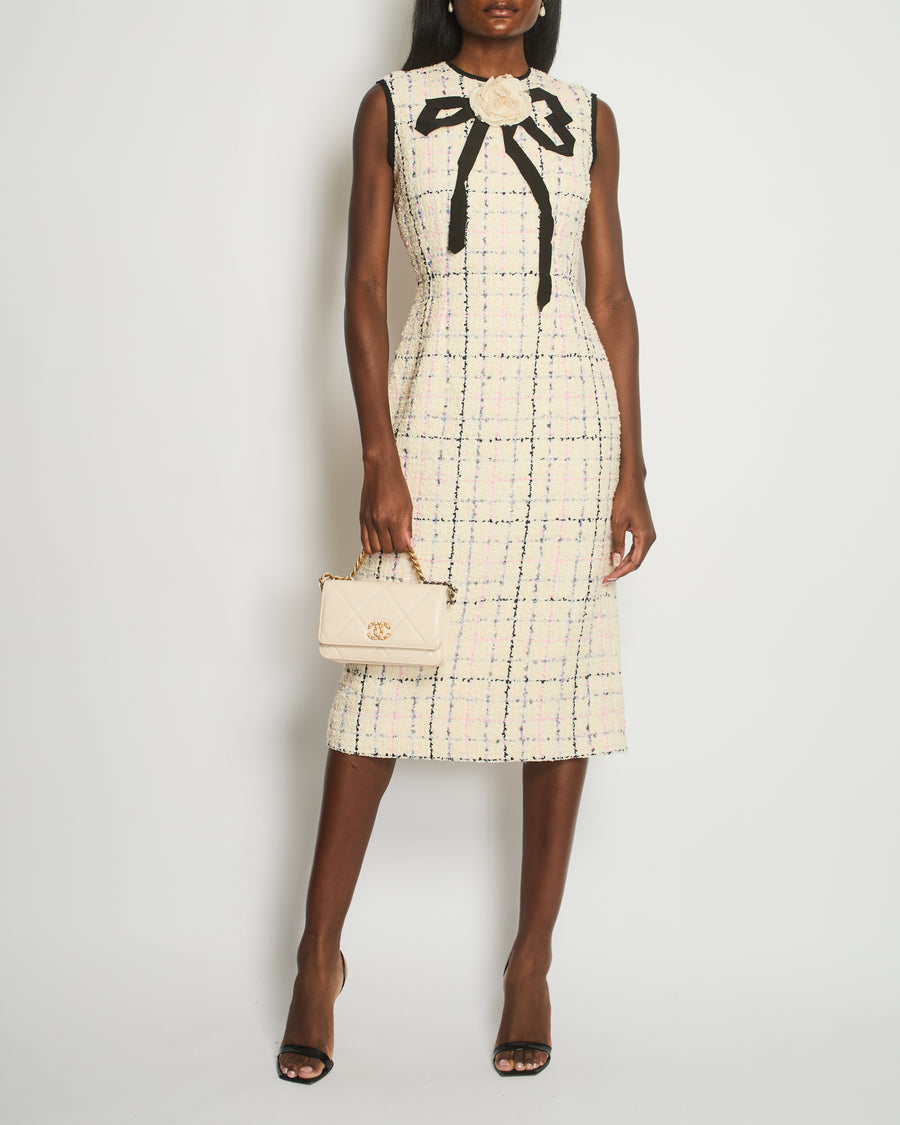 Gucci Cream, Navy & Pink Tweed Sleeveless Dress with Flower and Bow Detail Size IT 42 (UK 10)