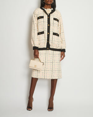 Gucci Cream & Multicolour Long Tweed Jacket with Black Trim and Antique Gold Buttons Details Size IT 38 (UK 6)