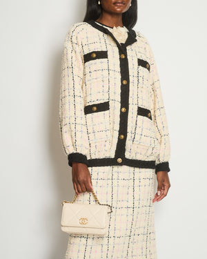 Gucci Cream & Multicolour Long Tweed Jacket with Black Trim and Antique Gold Buttons Details Size IT 38 (UK 6)