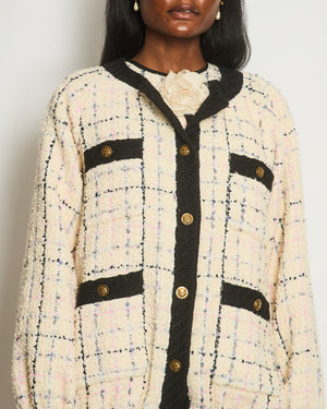 Gucci Cream & Multicolour Long Tweed Jacket with Black Trim and Antique Gold Buttons Details Size IT 38 (UK 6)