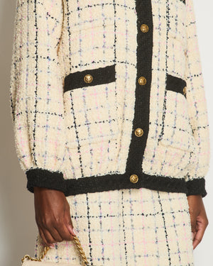 Gucci Cream & Multicolour Long Tweed Jacket with Black Trim and Antique Gold Buttons Details Size IT 38 (UK 6)