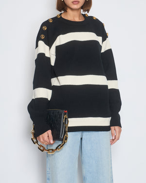 Louis Vuitton Black, White Stripe Knitted Jumper with Gold Anchor Button Detail Size XS (UK 6)