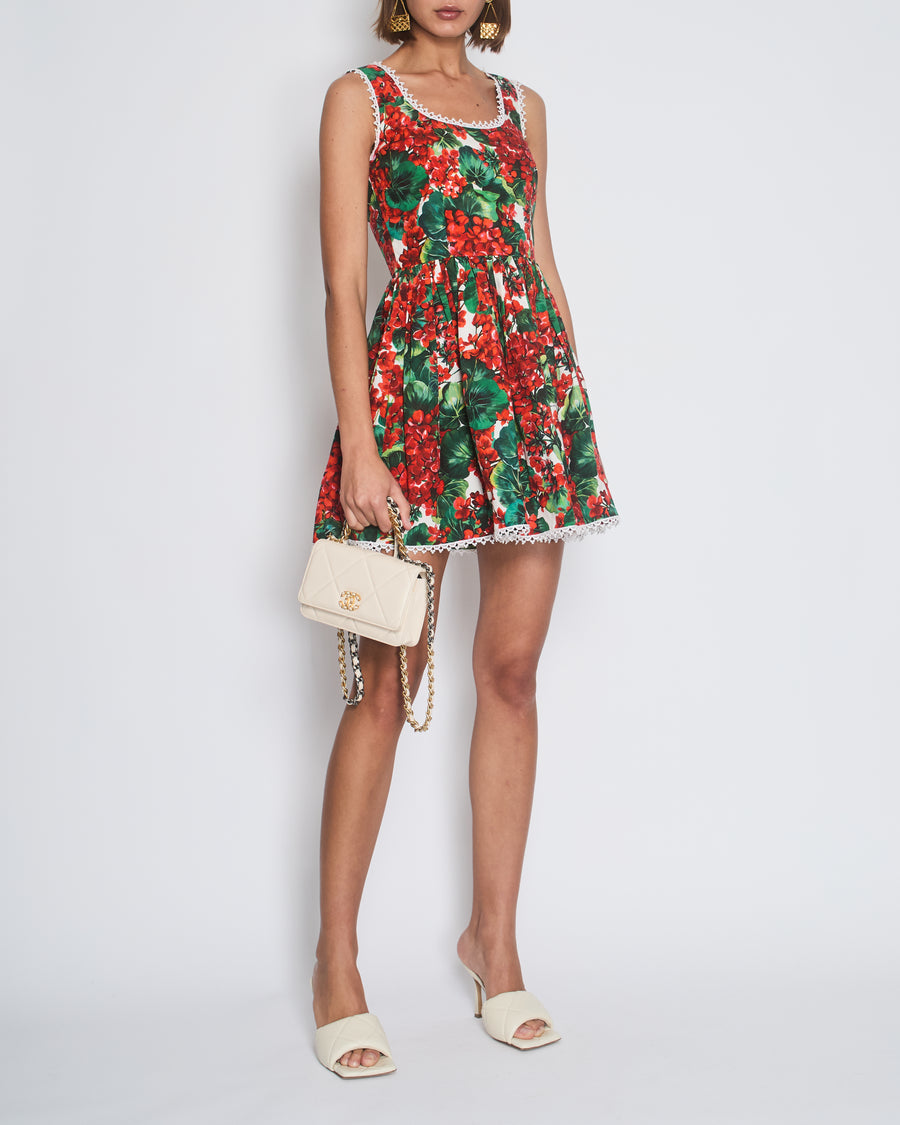 Dolce & Gabbana Red Floral Mini Dress with Crochet Trim Detail IT 38 (UK 6)