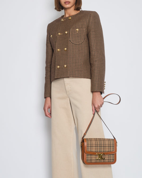 Celine Brown Houndstooth Collarless Jacket with Front Pockets and Gold Crest Buttons Size FR 42 (UK 14)