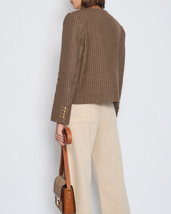 Celine Brown Houndstooth Collarless Jacket with Front Pockets and Gold Crest Buttons Size FR 42 (UK 14)