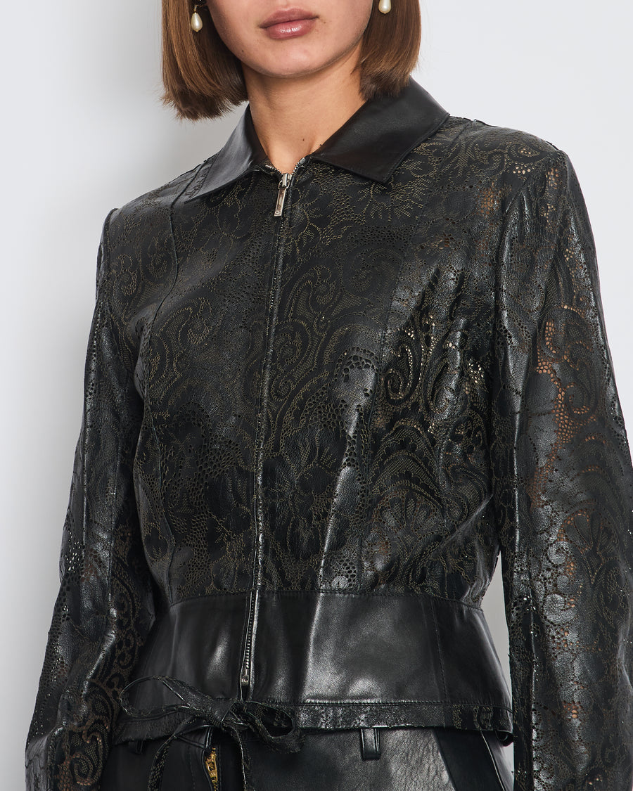 Christian Dior by John Galliano Laser Cut Leather Jacket with Tie Detail Size FR 38 (UK 10)