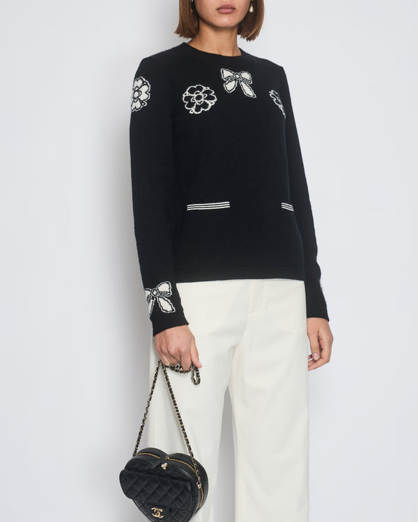 Chanel 16/A Black Camellia and Bow Long Sleeve Jumper with Pocket Detail Size FR 38 (UK 10)