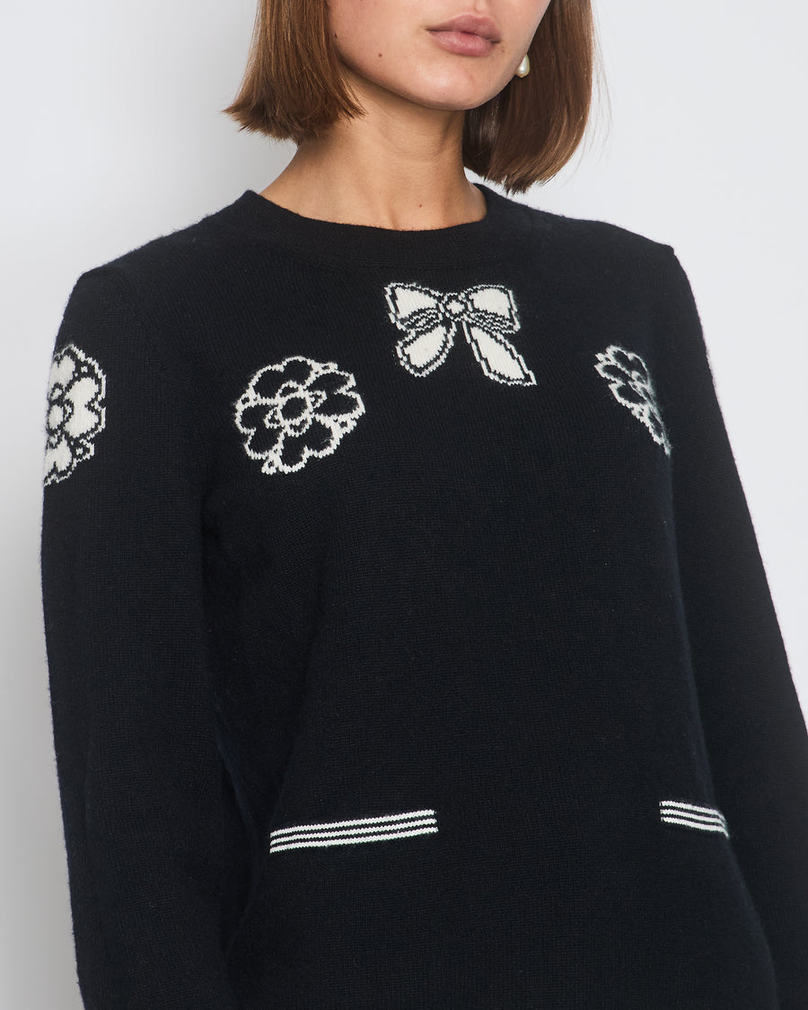 Chanel 16/A Black Camellia and Bow Long Sleeve Jumper with Pocket Detail Size FR 38 (UK 10)