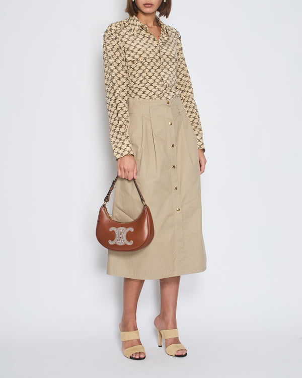 Celine Camel Cotton A Line Midi Skirt with Gold Buttoned Central Fastening Size FR 36 (UK 8)