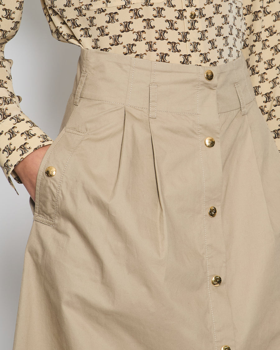 Celine Camel Cotton A Line Midi Skirt with Gold Buttoned Central Fastening Size FR 36 (UK 8)