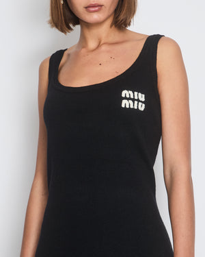 *HOT* Miu Miu Black Sleeveless Mini Dress with Feather Hem and Logo Detail Size IT 46 (UK 14)