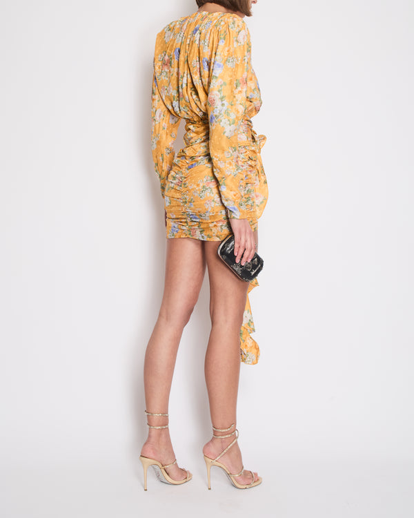 Magda Butrym Yellow Ruched Rose-Detailed Mini Dress With Detachable Corsage Detail FR 34 (UK 6) RRP £1,199