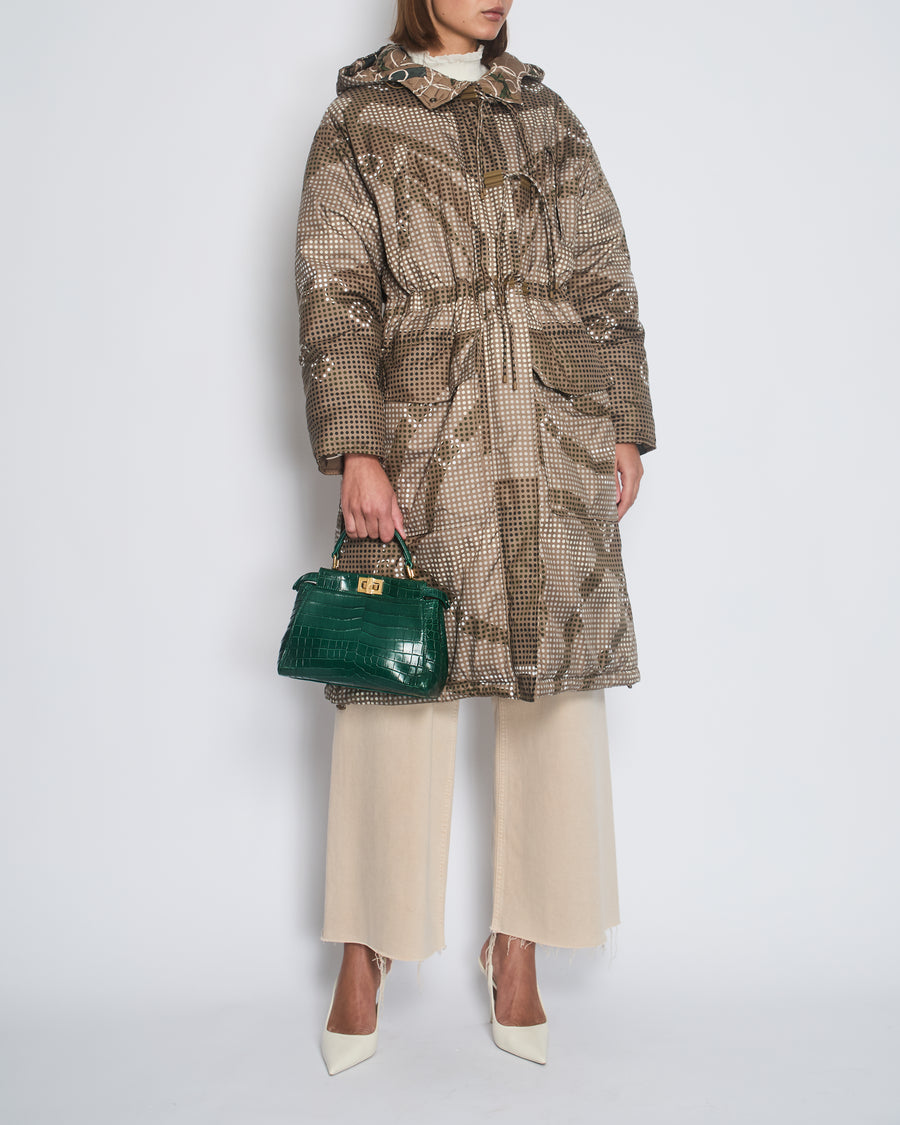 Hermès Beige and Green Reversible Long-Line Puffer Coat with Polka Dot and Chain Print FR 36 (UK 8)