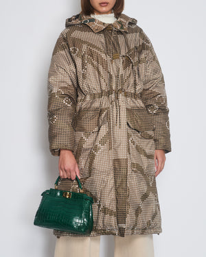 Hermès Beige and Green Reversible Long-Line Puffer Coat with Polka Dot and Chain Print FR 36 (UK 8)